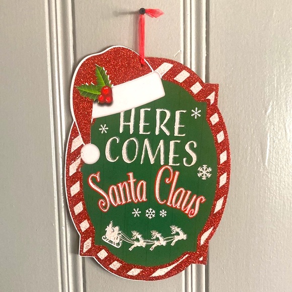 NWT Gleaming Glittered Here Comes Santa Claus Holiday Decoration Sign - Picture 8 of 11